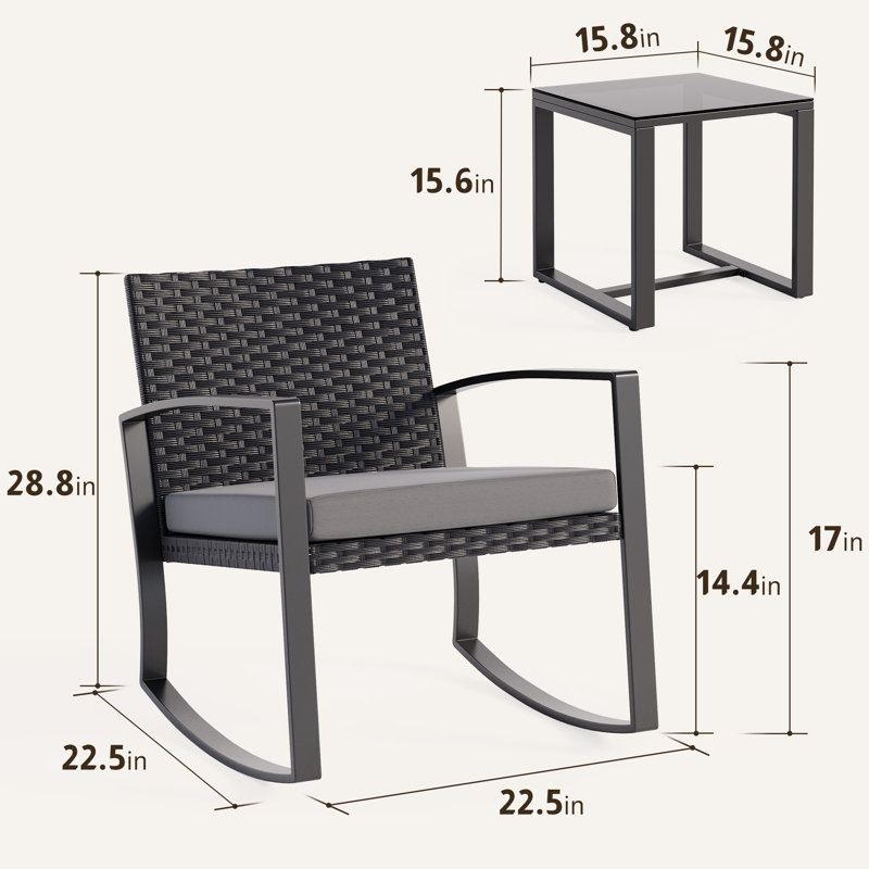 Ensemble de patio à bascule 3 pièces en acier avec dossier en osier résistant aux intempéries, ensemble de conversation moderne en rotin avec table basse pour balcon, porche, jardin, bord de piscine