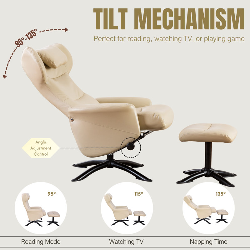 Vantasia Faux Leather Recliner Chair With Ottoman, Beige Faux Leather