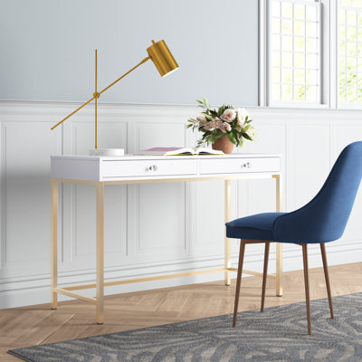 Two Drawers Wooden Desk with Tubular Metal Base, White and Gold