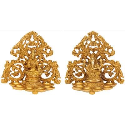 Paire de lampes à huile 6,6 "en laiton Lakshmi Ganesha