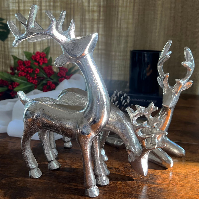 Figurines de renne rustique, ensemble de 3, fabriquées à la main, fonte d'aluminium, 8,75 pouces, Argent argent