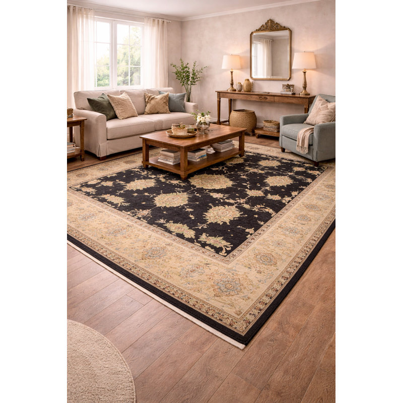 Tapis oriental floral fait à la main Charcoal, Rectangle 8 pi x 11 pi 4 po