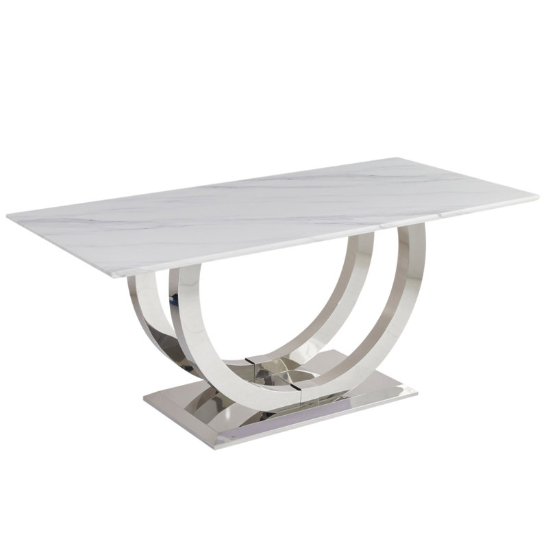 69.30 Inch Rectangular Dining Table, Modern Simple, Marble Tabletop, MDF Tabletop, Stainless Steel Mirror Surface In Silver Color, Suitable For 4-6 People Marble Pattern