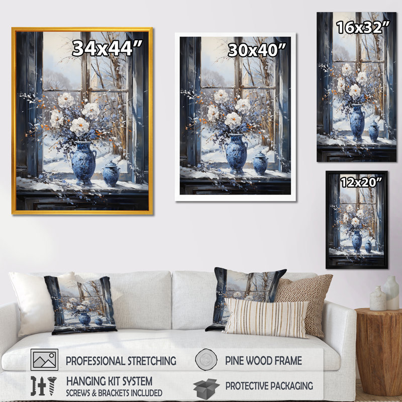 «White and Blue Winter Window Still Life I - Winter Landscape», art mural, Cadre simple noir, H 20 po x l 12 po x P 1 po