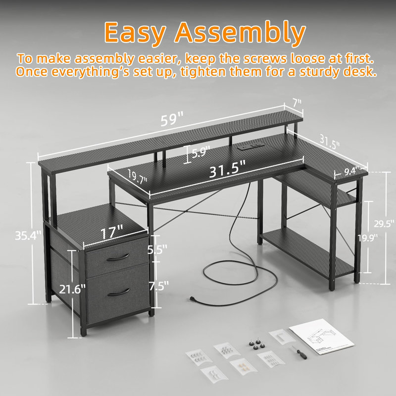 L-Shaped Metal Base Computer Desk with Power Outlet