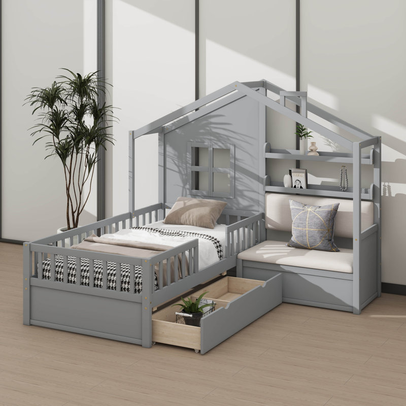Lit plateforme simple pour enfants avec canapé intégré, tiroirs doubles et tablette de rangement, gris