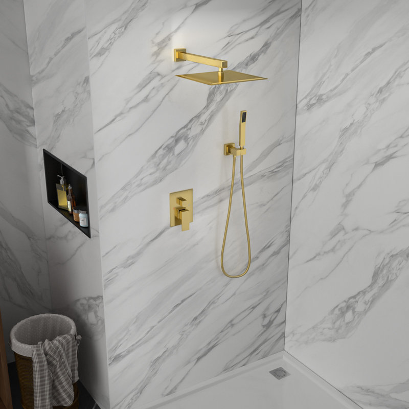 12 Inch Wall Mounted Shower System Rain Mixer Shower Combo Set Square Shower Head with Hand Shower, Brushed Gold