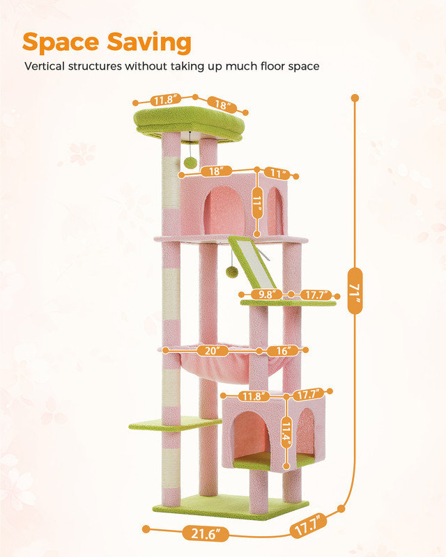Arbre à chat Crawfordsville 71 po multi-usages, arbre à chat multi-niveaux avec condo, hamac, griffoir pour chat, Rose
