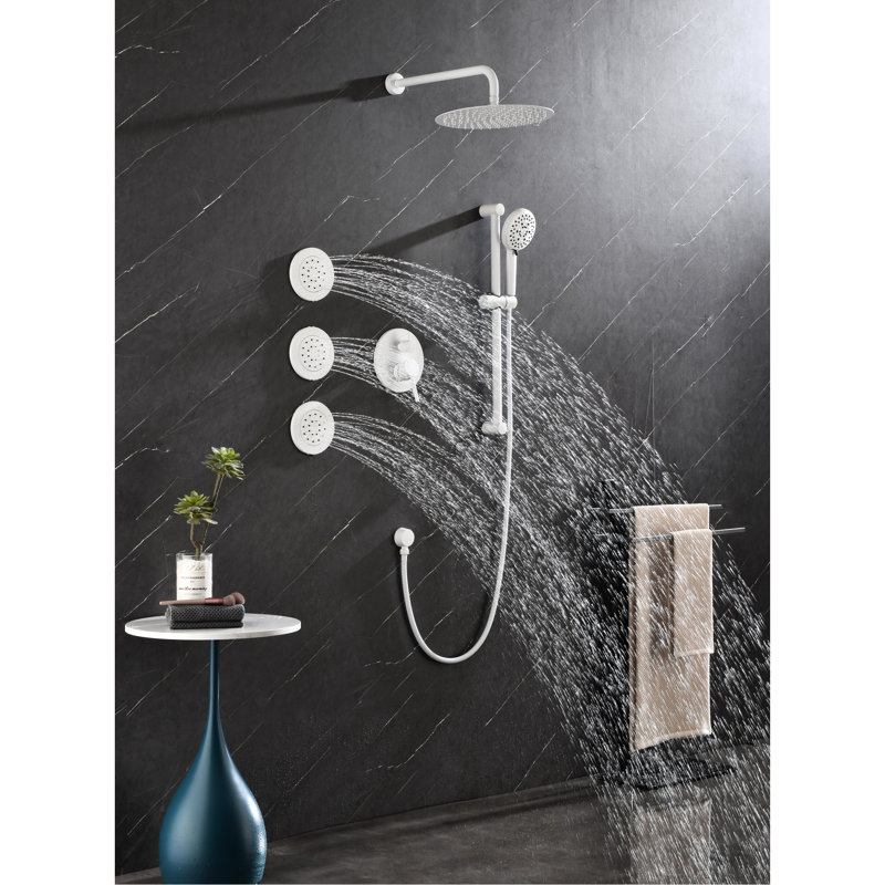 Shower System: Head, Hand Shower, Slide Bar, Bodysprays - White Brass Mounted On Wall System With Bar And Mount Type