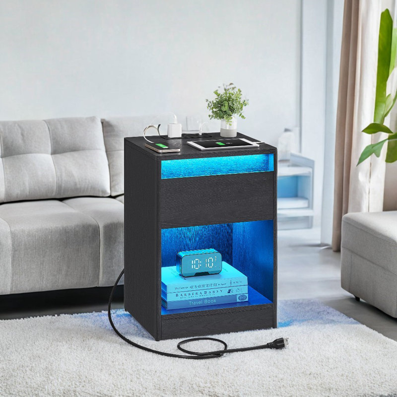 Side End Table With Adjustable Led Lights, Black