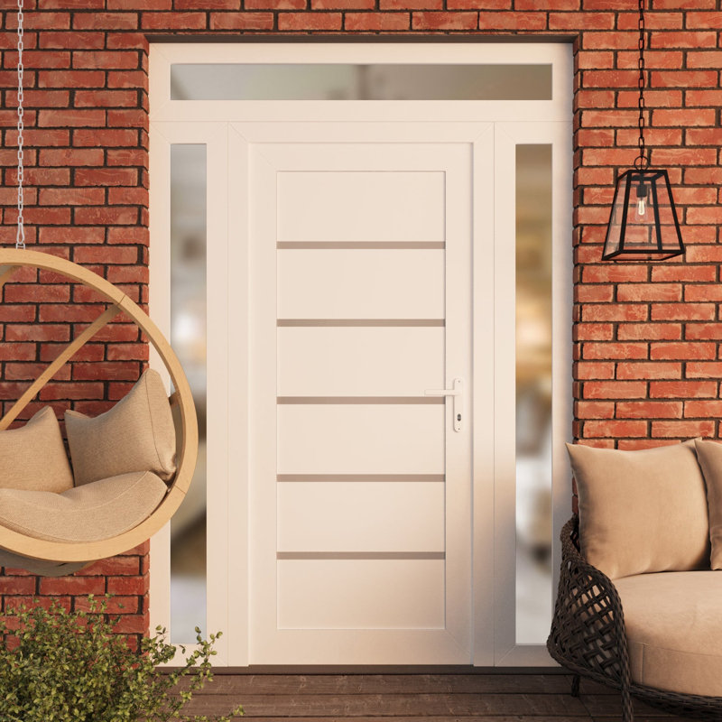 Porte d'entrée extérieure prémontée en PVC-U, modèle Manux 8415 Blanc Soie, avec imposte et panneau latéral, pour bureaux, commerces et habitations (entrée, patio, garage). Dimensions : 56 x 94 pouces (L 12 + 32 + 12 x H 80 + 14 pouces). Ouverture à gauche vers l'intérieur.