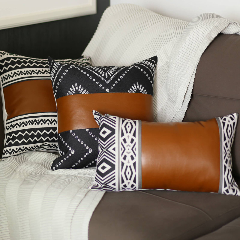 Bohemian Black and Brown Faux Leather Throw Pillow