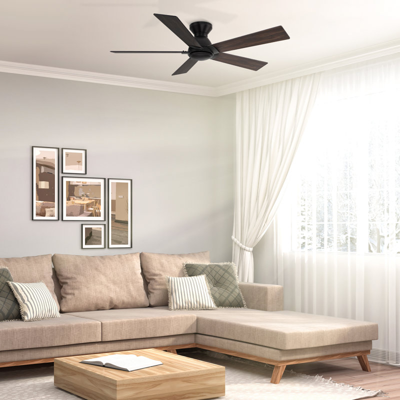52" DC Motor Flush-Mount Ceiling Fan with Remote Control, without Light, Black/Walnut