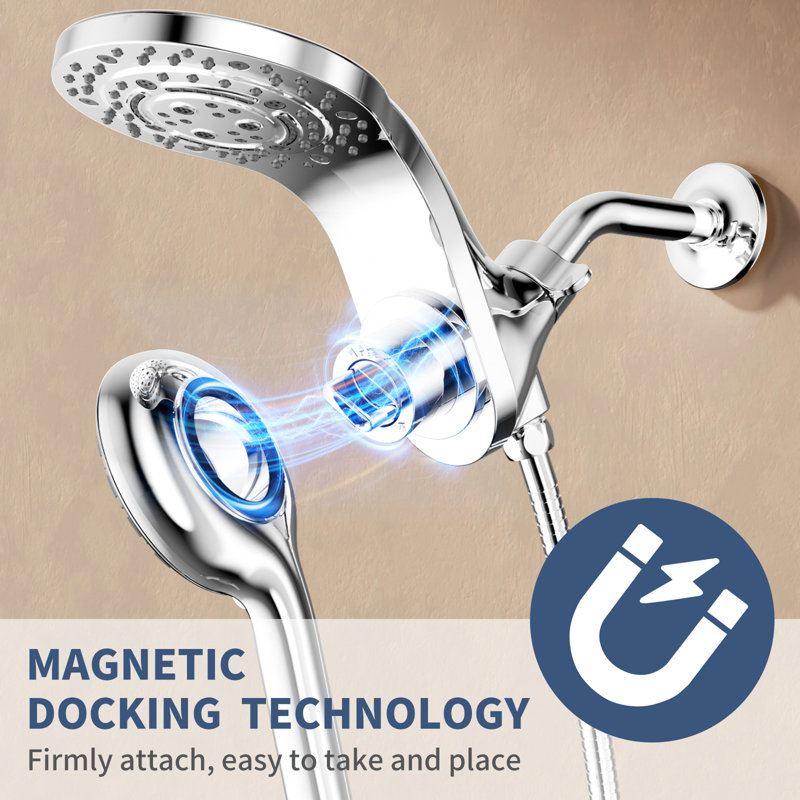 Chrome Magnetic Dual Shower Head With Handheld Sprayer And Waterfall Mode, Chrome