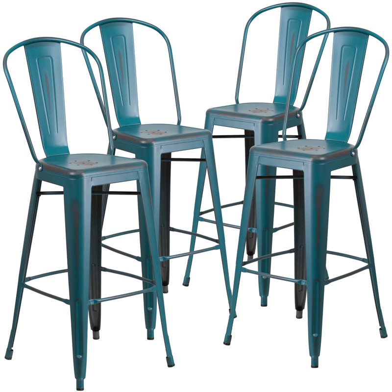 Angelean 24" High Distressed Metal Indoor-Outdoor Counter Height Stool - Back, Kelly Blue, Bar Stool (30" Seat Height)