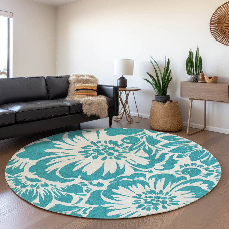 Premium Machine Washable Cerrito AMF551 Teal Rug, Round 8'