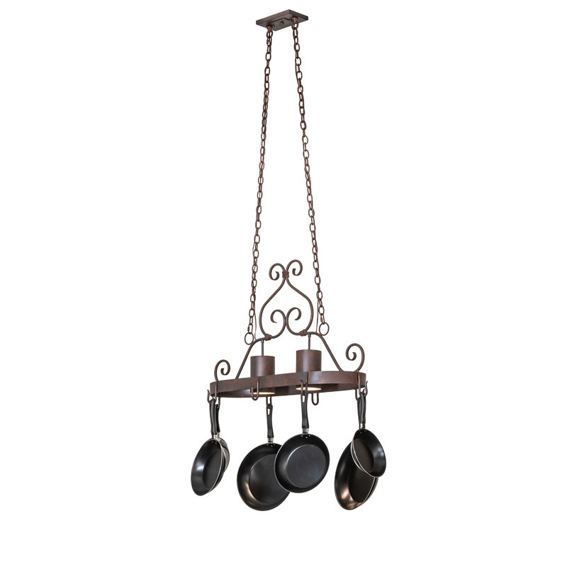 Rustic Red Rust Metal Oval Hanging Pot Rack with Lights