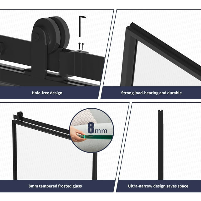 Black Aluminum and Frosted Glass Sliding Barn Door with Hardware Kit