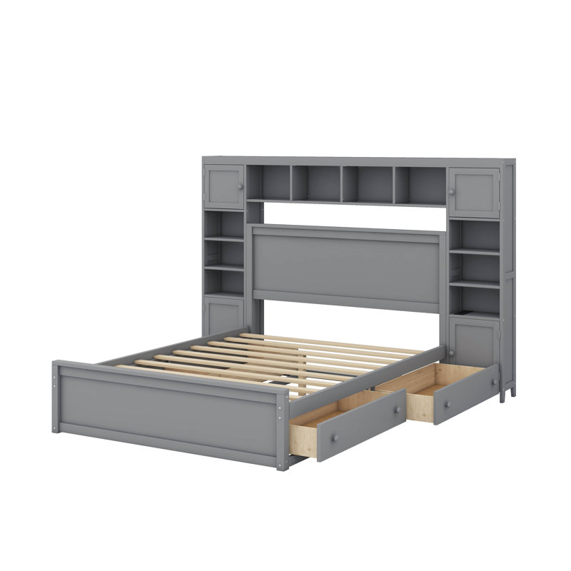 Grand lit en bois avec armoire tout-en-un, tablettes et prises