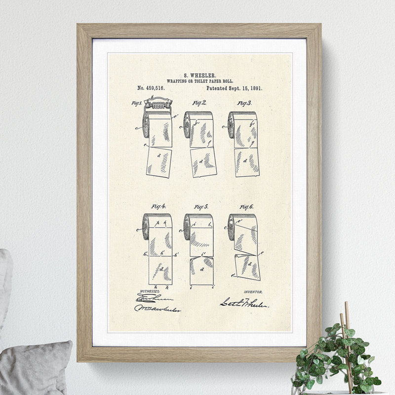 Toilet Roll Patent - Framed Print, Oak, 36cm H x 27cm W x 2cm D
