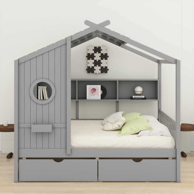 Lit maison en bois, Lit double, Gris