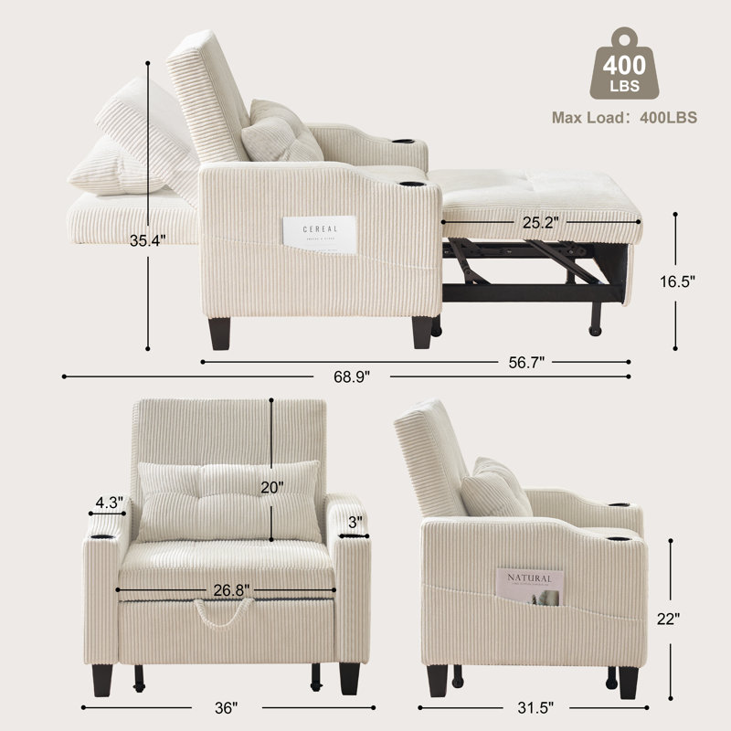 36" Wide Convertible Chair with Pull Handle - 3-In-1 Sleeper Futon Chair Bed with Cup Holder, Beige