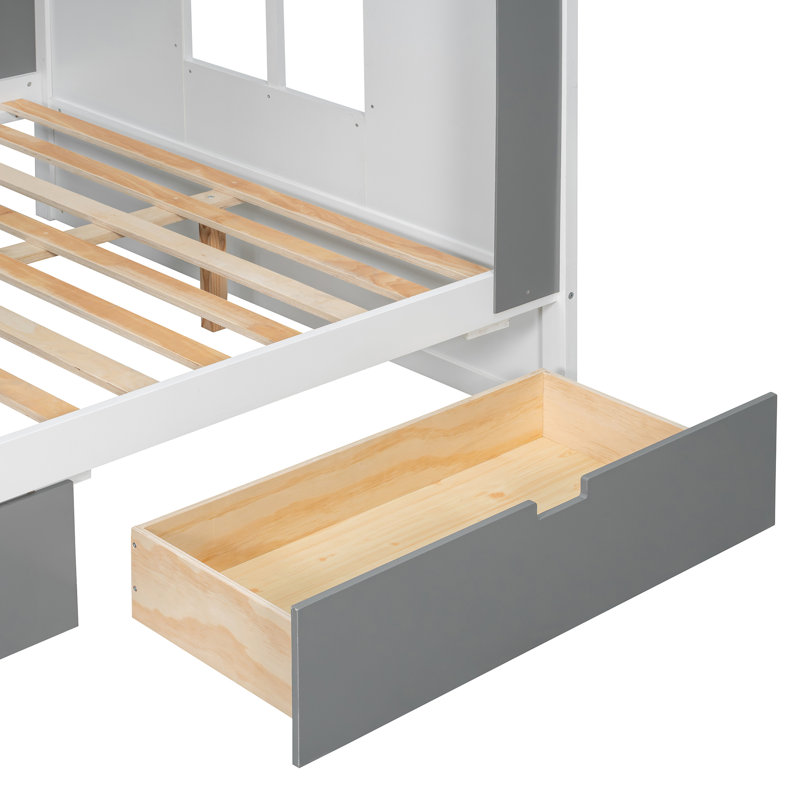 Lits superposés doubles avec rangement, en bois MDF et pin, style maison moderne, Blanc; gris