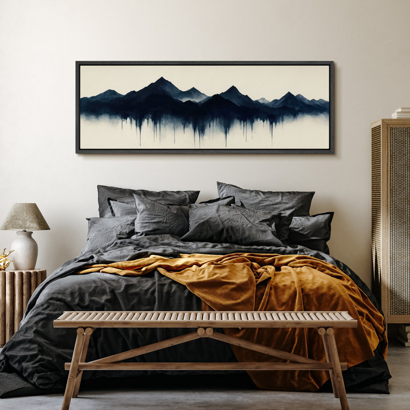 «Dark Blue Dripping Mountain Landscape Art Extra Large», reproduction d'art sur toile encadrée, H 20 po x l 60 po, Noir