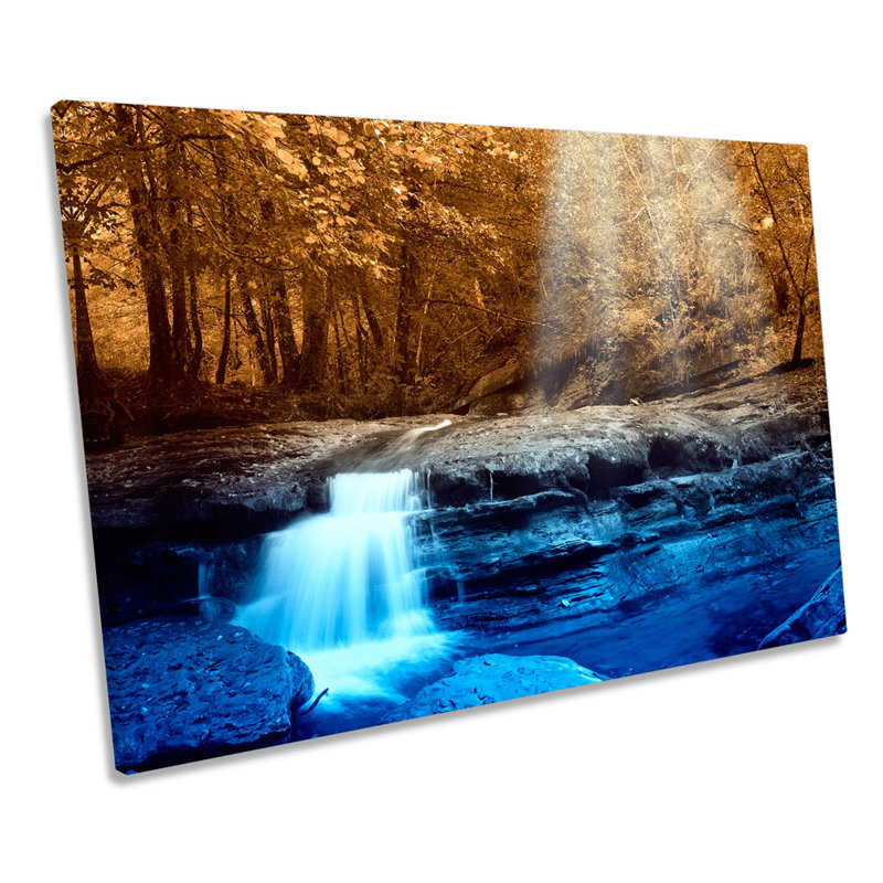 Forest Waterfall Autumn Sun Rays - Wrapped Canvas Art Prints, 81.3cm H x 121.9cm W