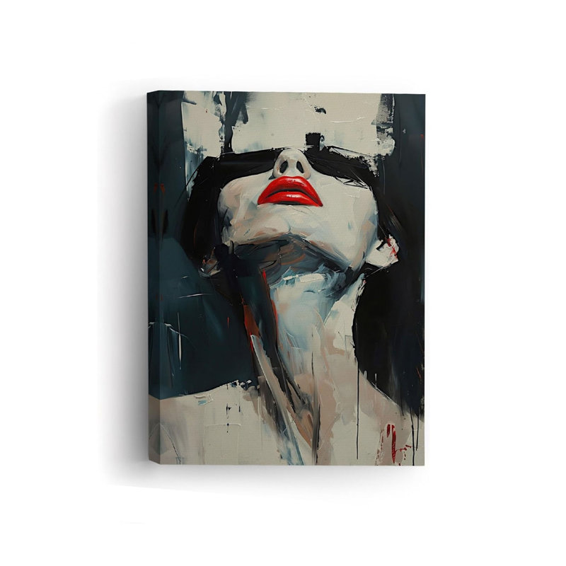 «Dark Abstract Portrait with Red Lips Canvas», art mural 12 po x 18 po pour bureau de chambre à coucher