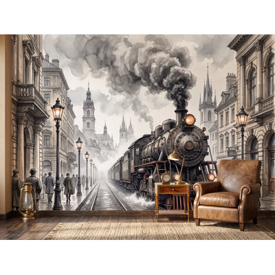 Papier peint de train vintage, fresque murale de locomotive à vapeur, art mural ferroviaire, papier peint antique de ville européenne, décor de train aquarelle 1255DRS