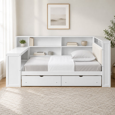 White wood double bed with storage shelves drawers charging stations LED lights attached desk white beige padded headboard cushions