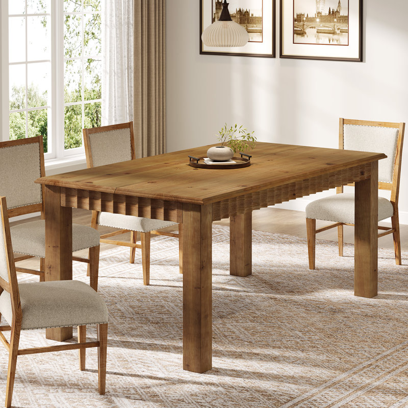 Solid Wood Dining Table For 6, 63 Inch Farmhouse Kitchen Table With  Fluting Details, Brown