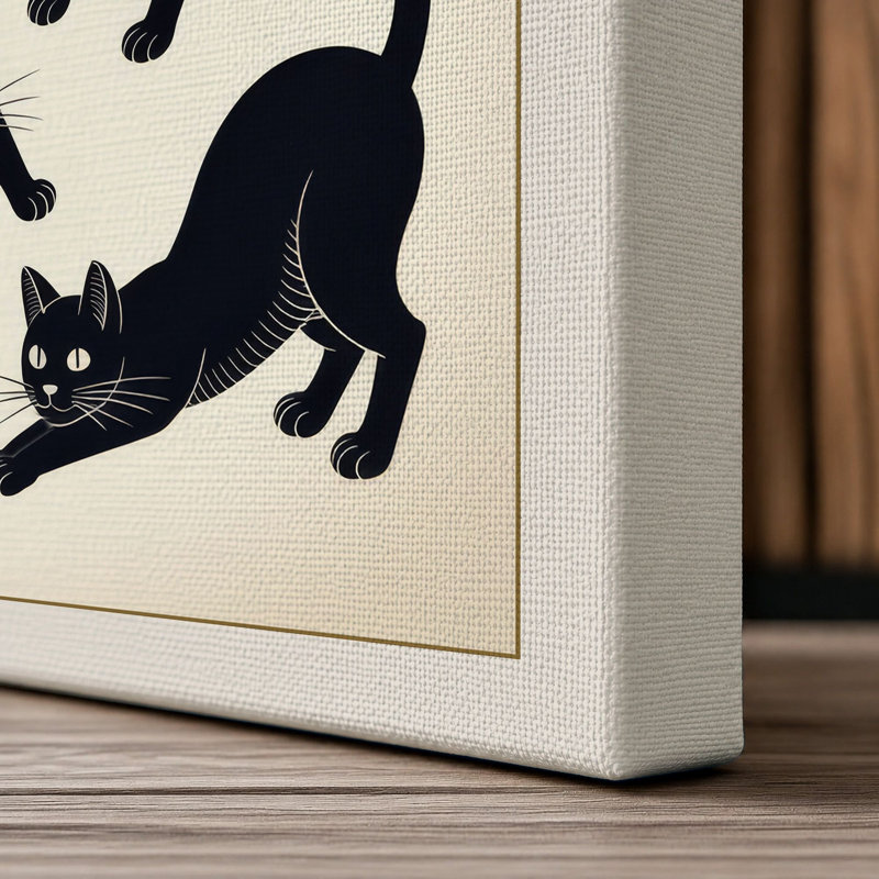 Six Cats Dancing Japandi 1 Piece Wrapped Canvas Wall Art, 36x24 - 91.4 x 61.0 cm, Cream Border