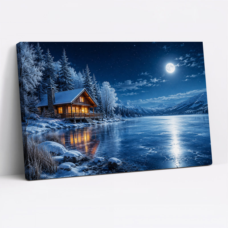Cabane enneigée sur un lac gelé sous la pleine lune - Toile murale d'Halloween, H 12 po x l 18 po