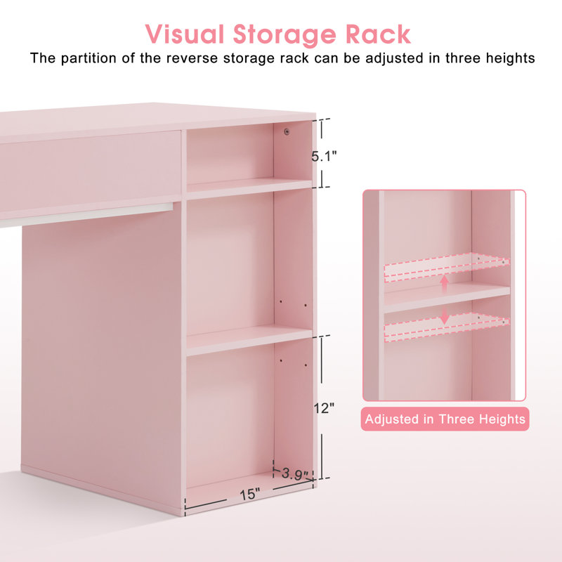 Arbadella Vanity Makeup Desk, Rectangle Accent Manicure Table with Cabinet, Pink/White
