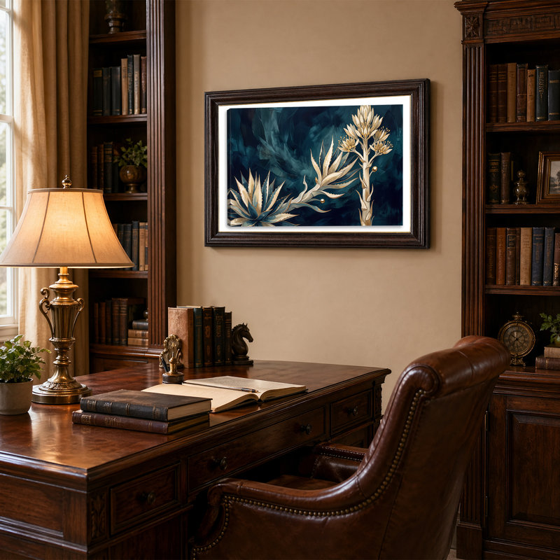 Art mural bleu sarcelle et plante d'agave avec tige en fleurs, H 16 po x l 24 po