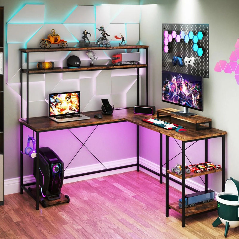 L-Shaped Computer Desk with Built-In Electrical Outlet