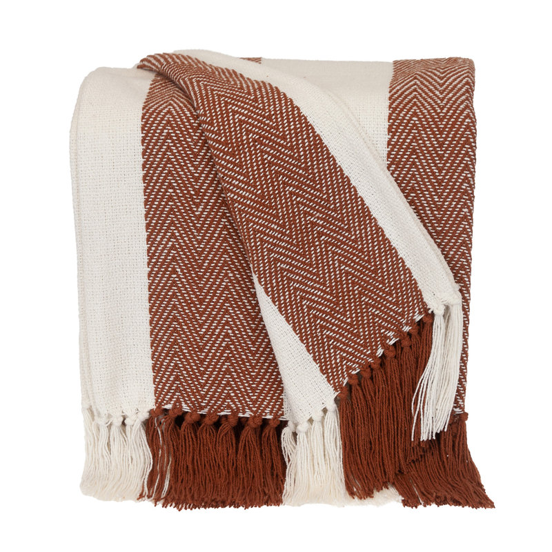 Jeté rayé en coton tissé, Brun / rayures blanches