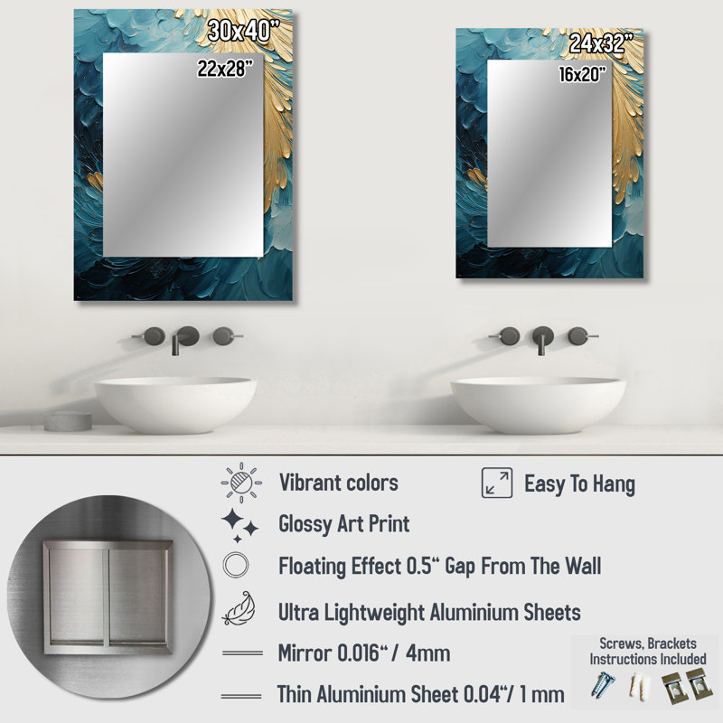 Gold Teal Ocean Spiral I - Abstract Spirals Decorative Mirror, Gold Wall Mirror, Printed Metal Art, 32" x 24"
