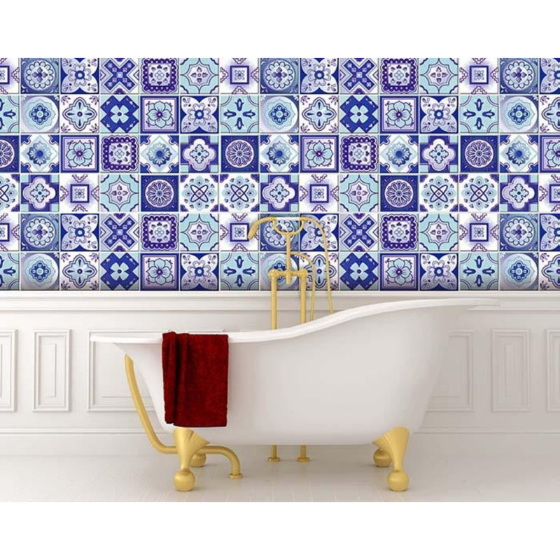 Carreau de mosaïque auto-adhésif en vinyle 4 po x 4 po, Bleu / blanc