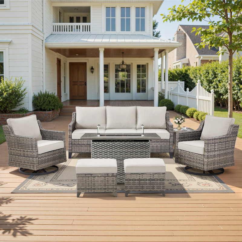 Arlene 5 Person Outdoor Wicker Sofa Conversation Set With Swivel Chairs, Fire Pit Table, Ottomans & Side Table, Beige