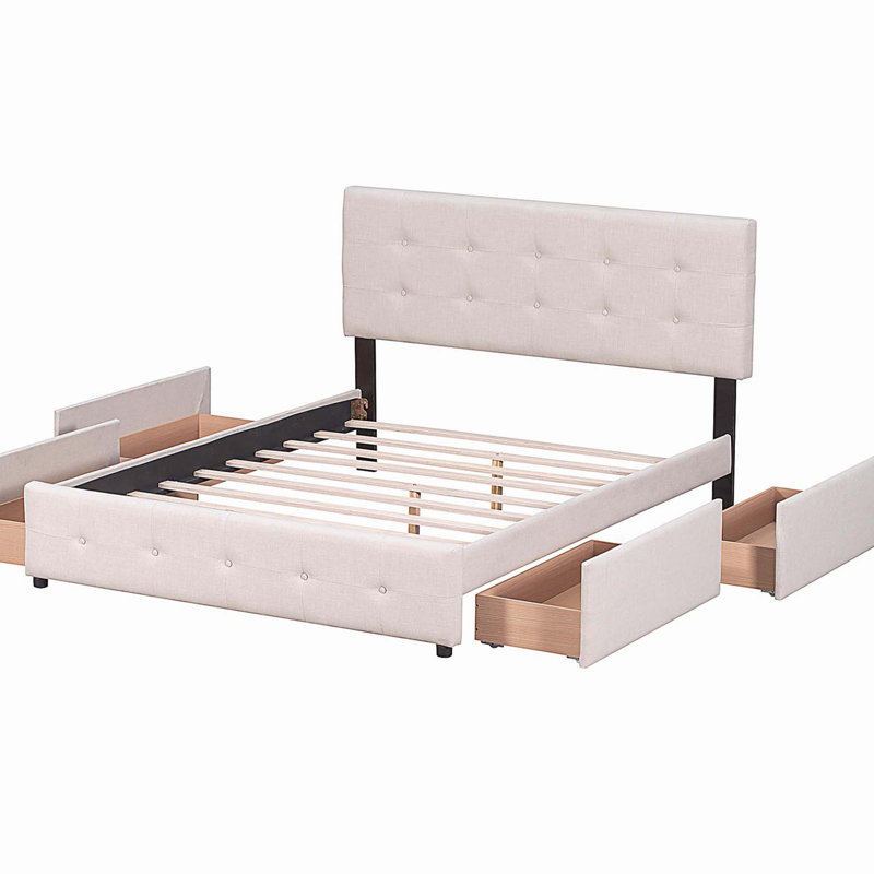 Lit plateforme tapissier avec tête de lit classique et 4 tiroirs, aucun sommier nécessaire, tissu en lin, beige grand