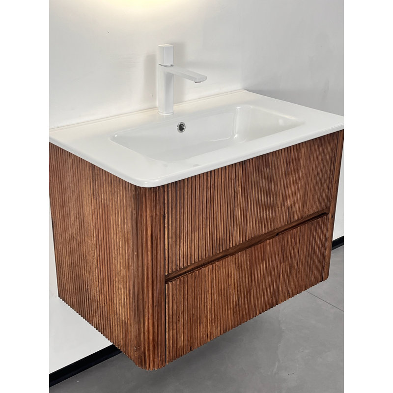 Meuble-lavabo mural 30 po avec 2 tiroirs, meuble-lavabo flottant ECO avec évier et drain, noyer rétro