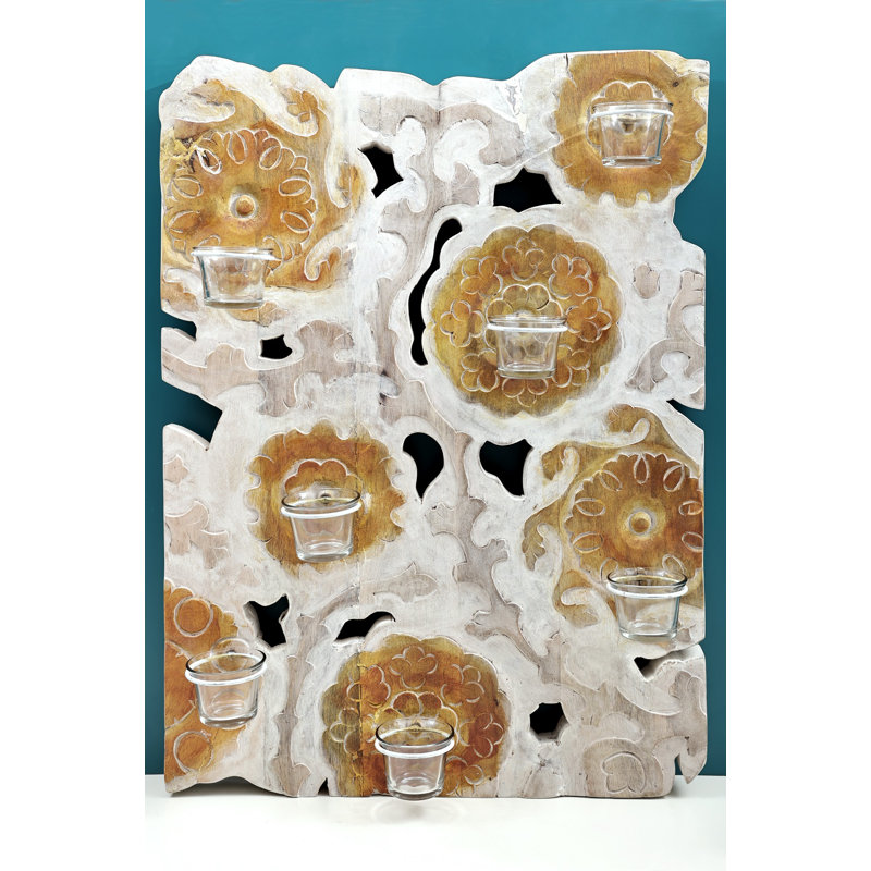 Porte-bougie murale en bois fabriqué à la main 24 po - sculpture florale brune rétro - décoration murale bohémienne rustique