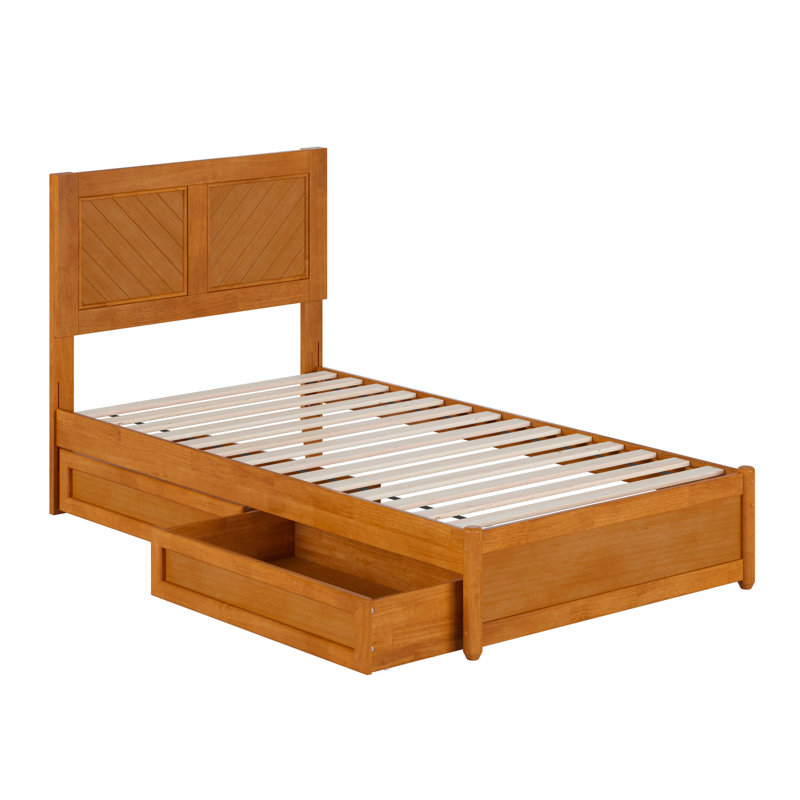 Lit plateforme en bois massif avec pied de lit et tiroirs sous le lit Lamarkus, Simple, Caramel clair