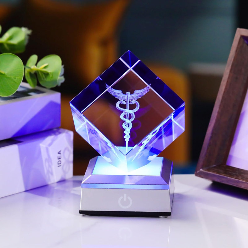 3D Engraved Caduceus Crystal Figurine with Color-Changing LED Light Base