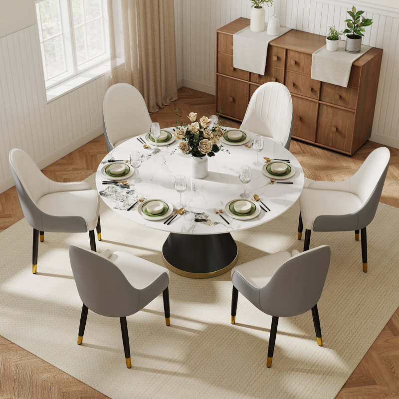Benedic 6 - Person Modern Round Sintered Stone Dining Set with Pedestal Base, Patek White, Gray