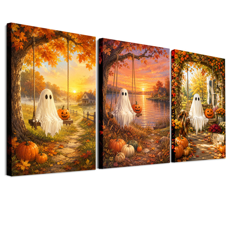 «White Ghost On Swing With Pumpkins And Halloween», ensemble de 3 toiles murales, H 18 po x l 12 po x 3 pièces