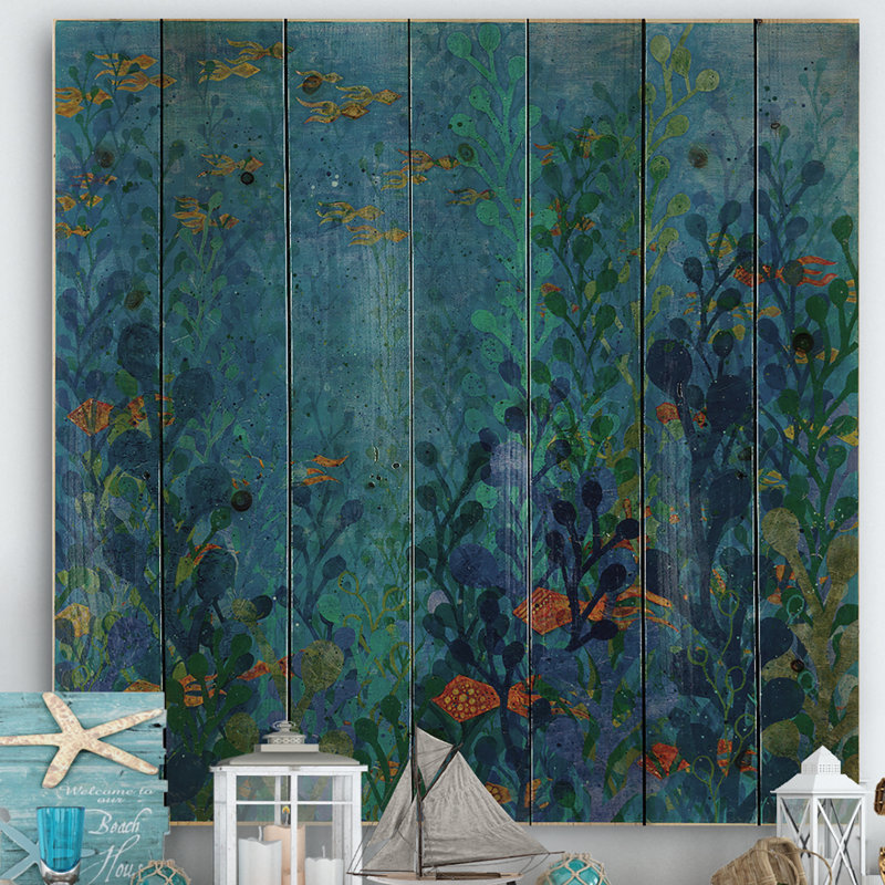 «Blue Underwater Lake Leaves I» - Impression nautique et côtière sur bois de pin naturel, H 16 po x l 16 po x P 1 po